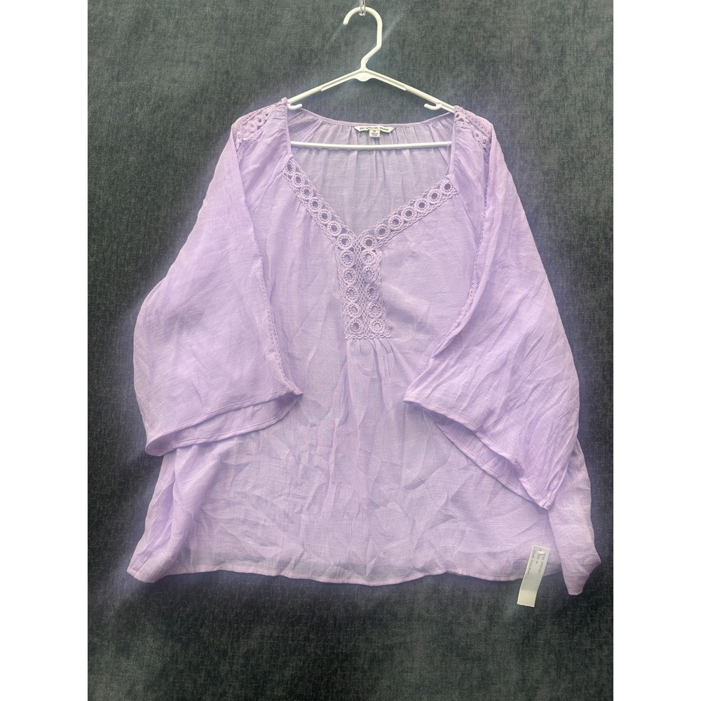Zac & Rachel Blouse Top Women 2X Orchid Bloom Crochet Lace Detail Pleated V Neck